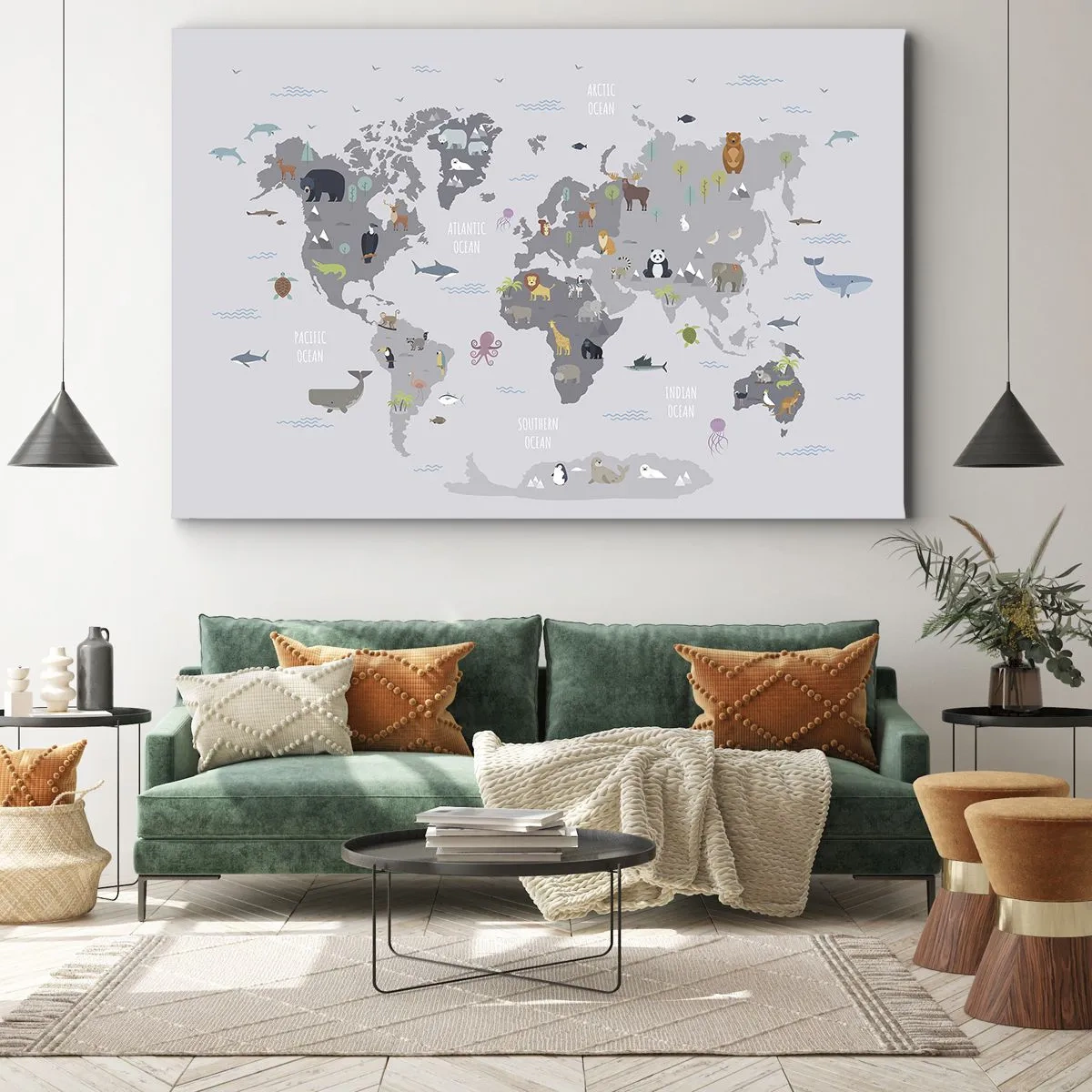 Schilderen op canvas - Een wereldkaart met dierenillustraties op een grijze achtergrond - 70x50cm - Vertel me waar je vandaan komt ... - Moderne wanddecoratie voor woonkamer en slaapkamer ARTTOR