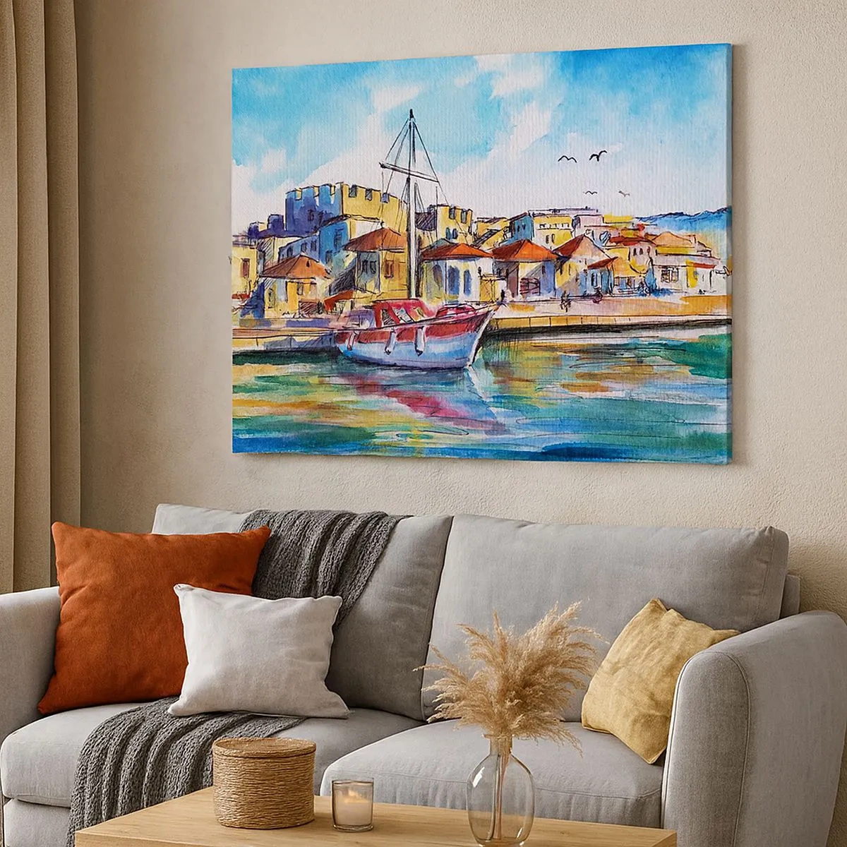 Schilderen op canvas - Een pittoreske haven met een boot en kleurrijke gebouwen - 70x50cm - Regenboogmiddag - Moderne wanddecoratie voor woonkamer en slaapkamer ARTTOR