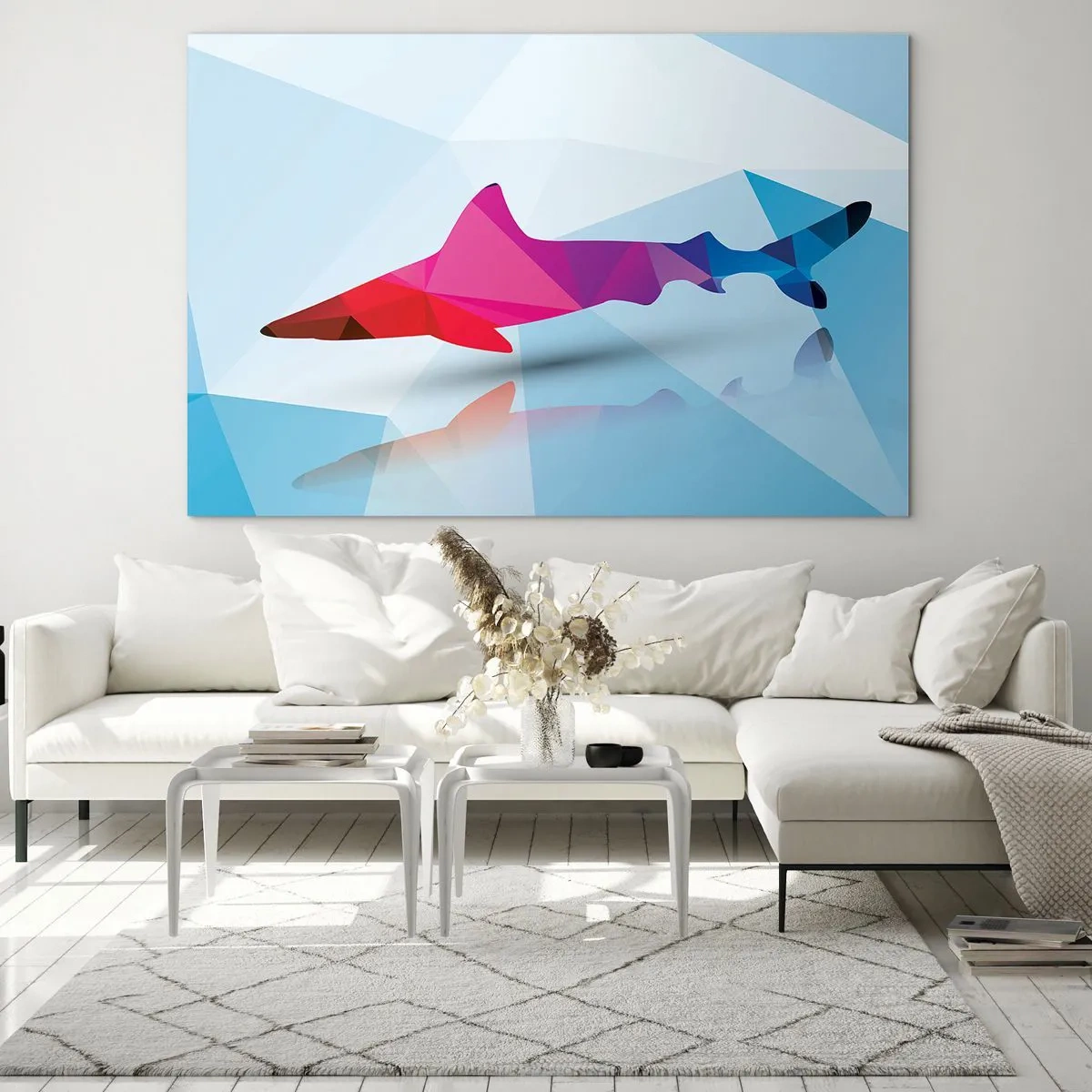 Schilderen op glas - Geometrische haai in tinten rood en blauw - 70x50cm - Een haai in een kristallen ruimte - Moderne wanddecoratie voor woonkamer en slaapkamer ARTTOR