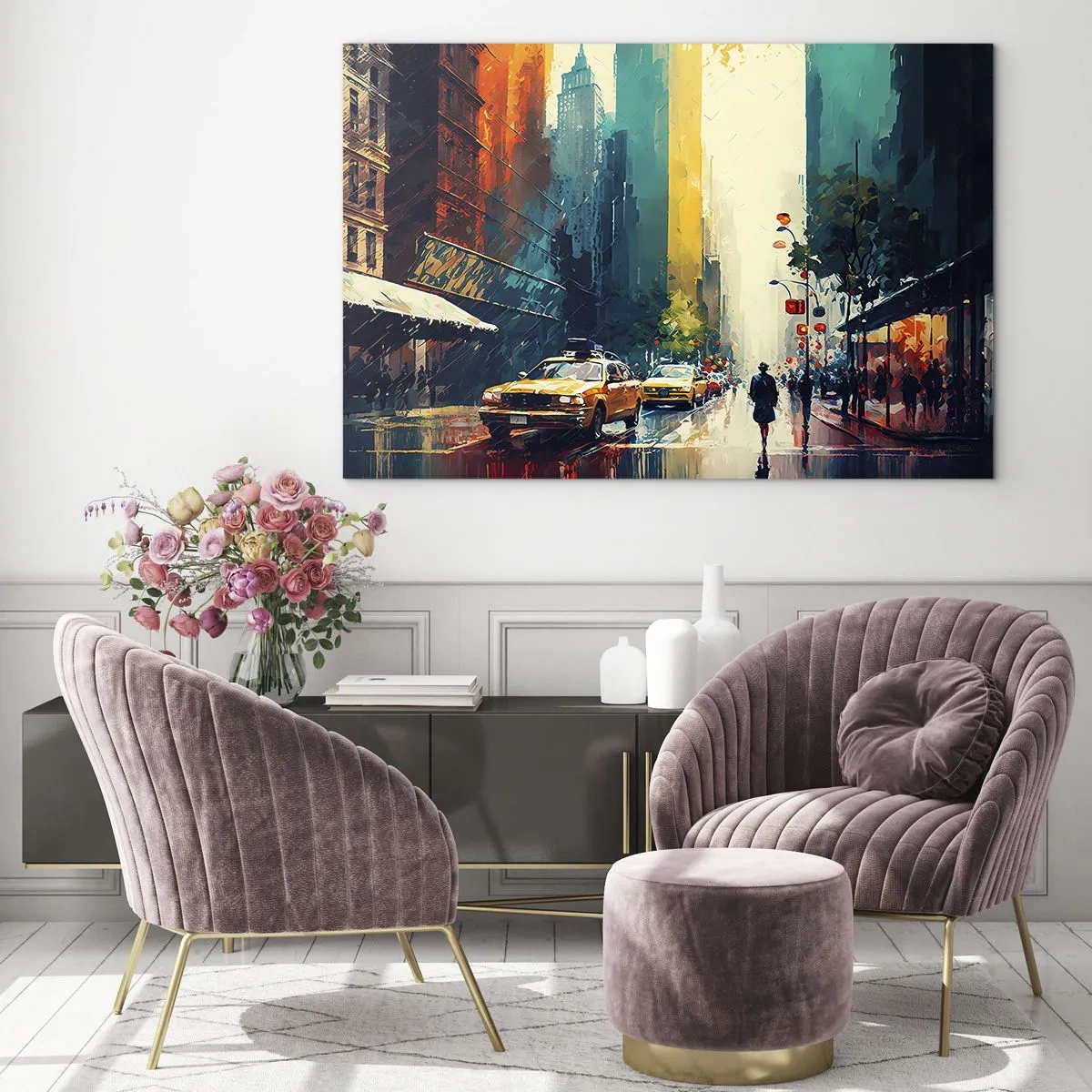 Schilderen op glas - Kleurrijke taxi's en wolkenkrabbers op een natte stadsstraat - 70x50cm - New York – zelfs de regen is hier kleurrijk - Moderne wanddecoratie voor woonkamer en slaapkamer ARTTOR