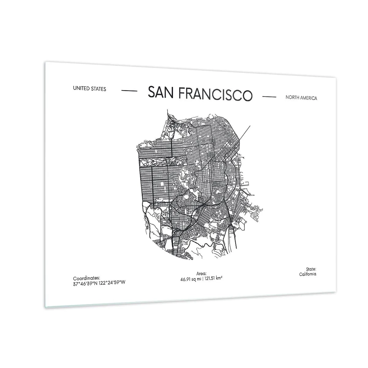 Schilderen op glas - Een minimalistische stratenkaart van San Francisco - 70x50cm - Anatomie van San Francisco - Moderne wanddecoratie voor woonkamer en slaapkamer ARTTOR