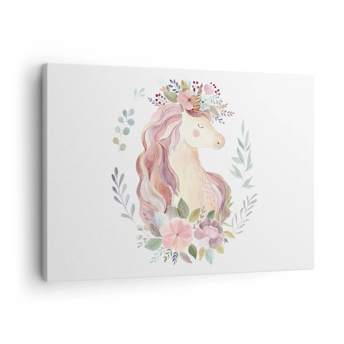 Schilderen op canvas - Een eenhoorn in pastelkleuren omringd door bloemen - 70x50cm - Een uitnodiging in de wereld van sprookjes - Moderne wanddecoratie voor woonkamer en slaapkamer ARTTOR