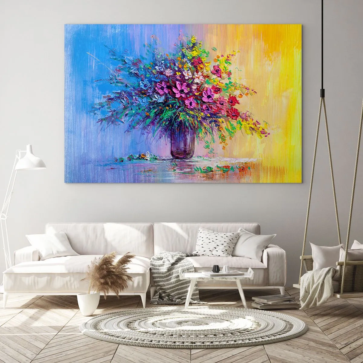 Schilderen op glas - Een kleurrijk boeket bloemen in een vaas op een abstracte achtergrond - 70x50cm - Schenking van de wei - Moderne wanddecoratie voor woonkamer en slaapkamer ARTTOR