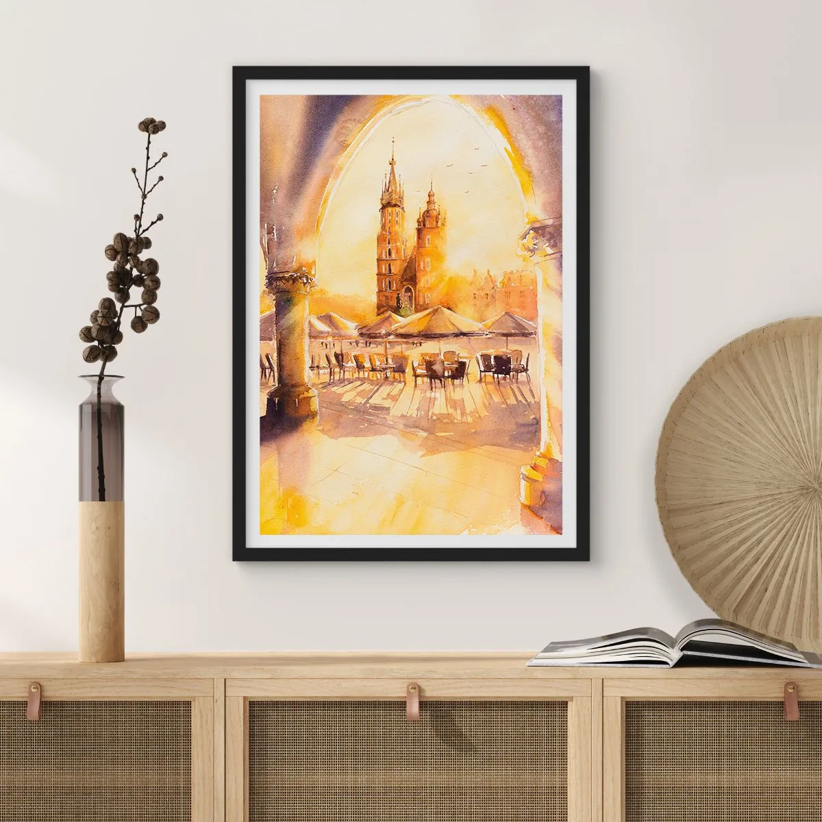 Poster in een zwarte lijst - Een aquarel van het marktplein van Krakau bij zonsondergang. - 50x70cm - Zonsopgang boven het marktplein van Krakau - Moderne wanddecoratie voor woonkamer en slaapkamer ARTTOR