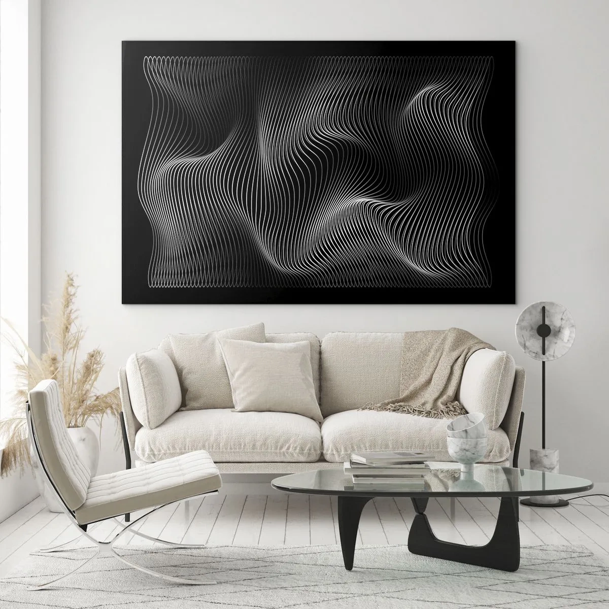 Schilderen op glas - Hypnotiserende witte lijnen die rimpelen tegen een zwarte achtergrond - 70x50cm - Dans van licht in de ruimte - Moderne wanddecoratie voor woonkamer en slaapkamer ARTTOR