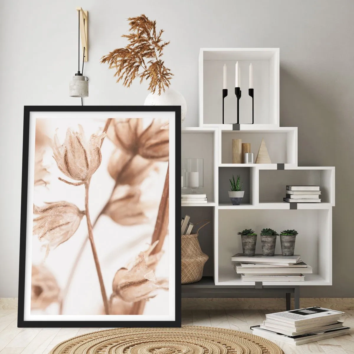 Poster in een zwarte lijst - Gedroogde planten in sepia op een lichte achtergrond - 50x70cm - Ze bellen eind zomer - Moderne wanddecoratie voor woonkamer en slaapkamer ARTTOR