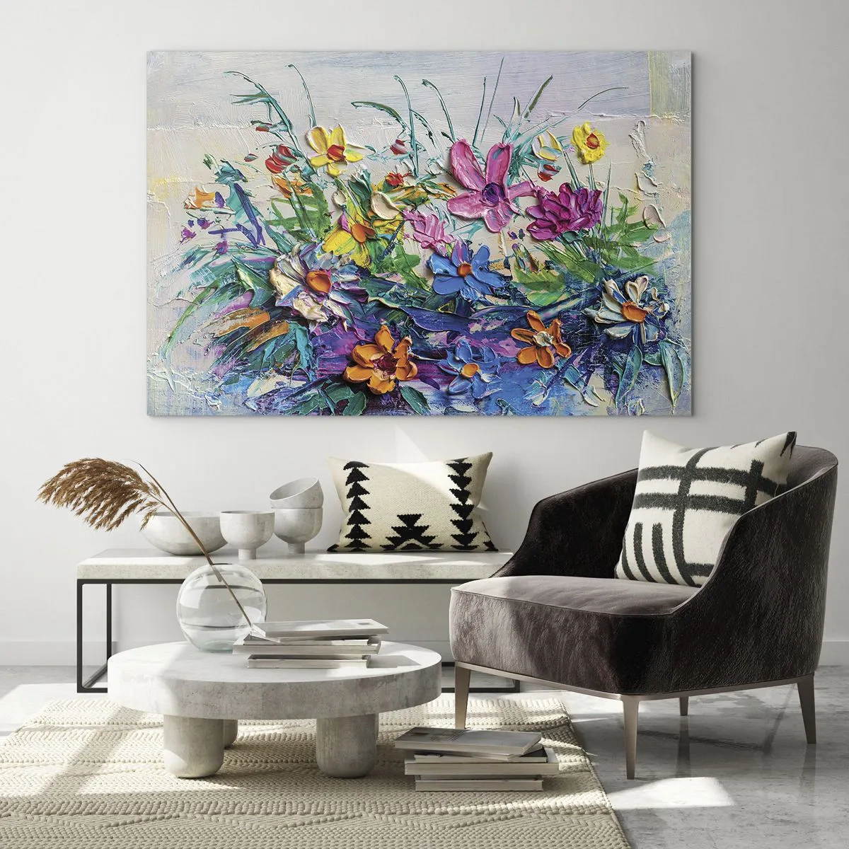 Schilderen op glas - Een kleurrijk bloemstuk in schilderachtige stijl - 70x50cm - Helemaal geen stilleven - Moderne wanddecoratie voor woonkamer en slaapkamer ARTTOR