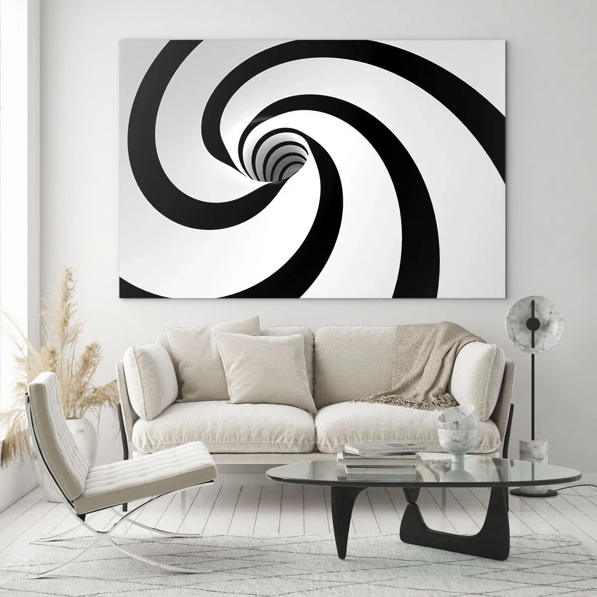 Schilderen op glas - Hypnotiserend spiraalpatroon in zwart-wit - 70x50cm - Toegeven aan de draaikolk? - Moderne wanddecoratie voor woonkamer en slaapkamer ARTTOR