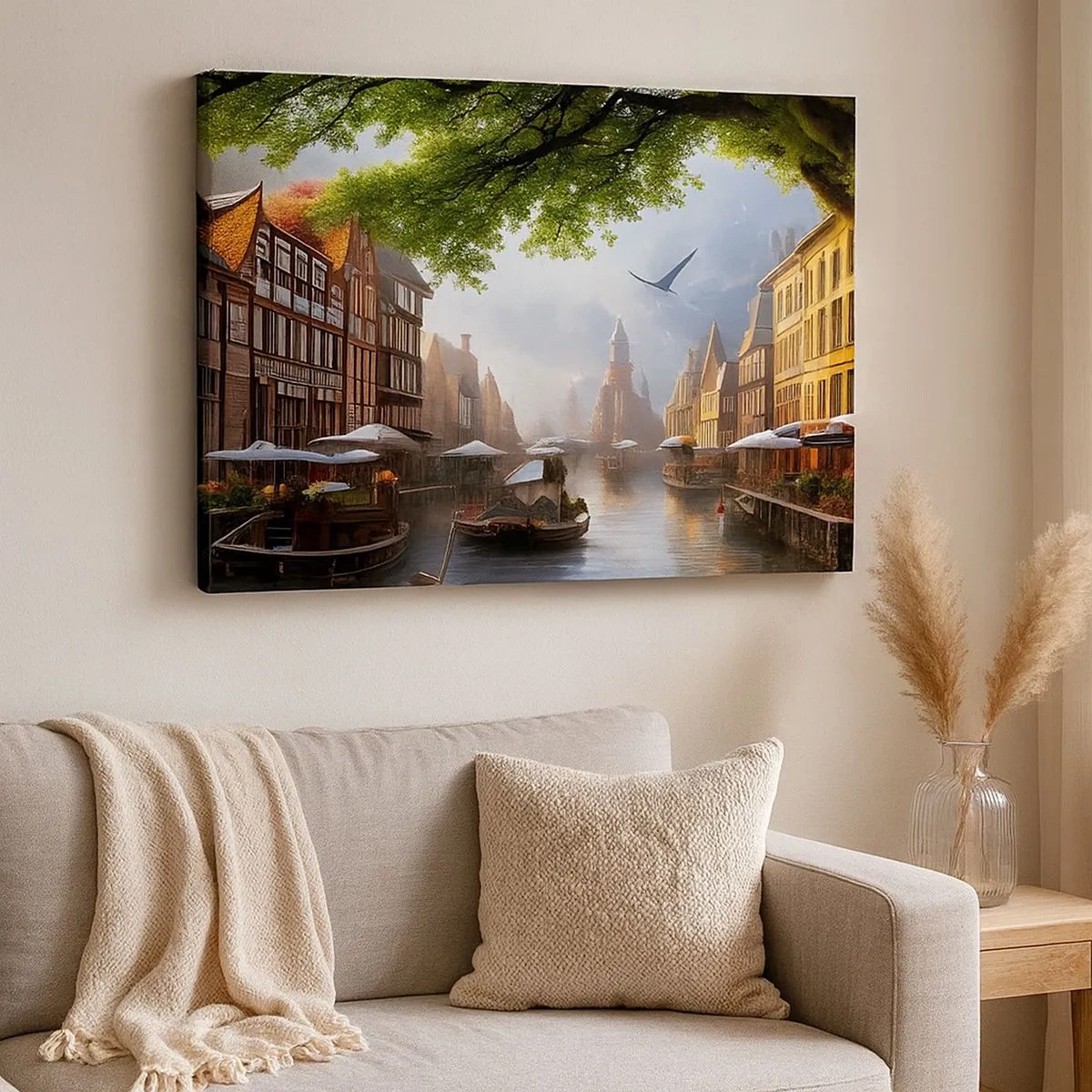Schilderen op canvas - Een schilderachtig Hollands landschap met een kanaal en huurkazernes - 70x50cm - Hollands stadsbeeld - Moderne wanddecoratie voor woonkamer en slaapkamer ARTTOR