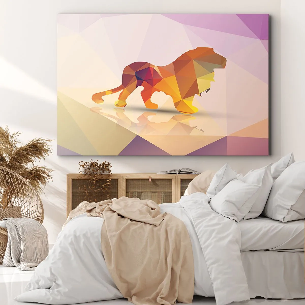 Schilderen op canvas - Geometrisch silhouet van een leeuw in tinten geel en oranje - 70x50cm - De diamanten koning - Moderne wanddecoratie voor woonkamer en slaapkamer ARTTOR