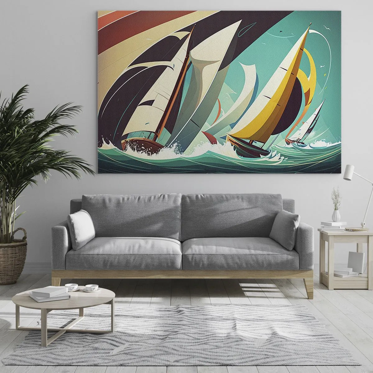 Schilderen op glas - Retro-stijl illustratie van zeilboten in een stormachtige zee - 70x50cm - Met elementen als een broer - Moderne wanddecoratie voor woonkamer en slaapkamer ARTTOR