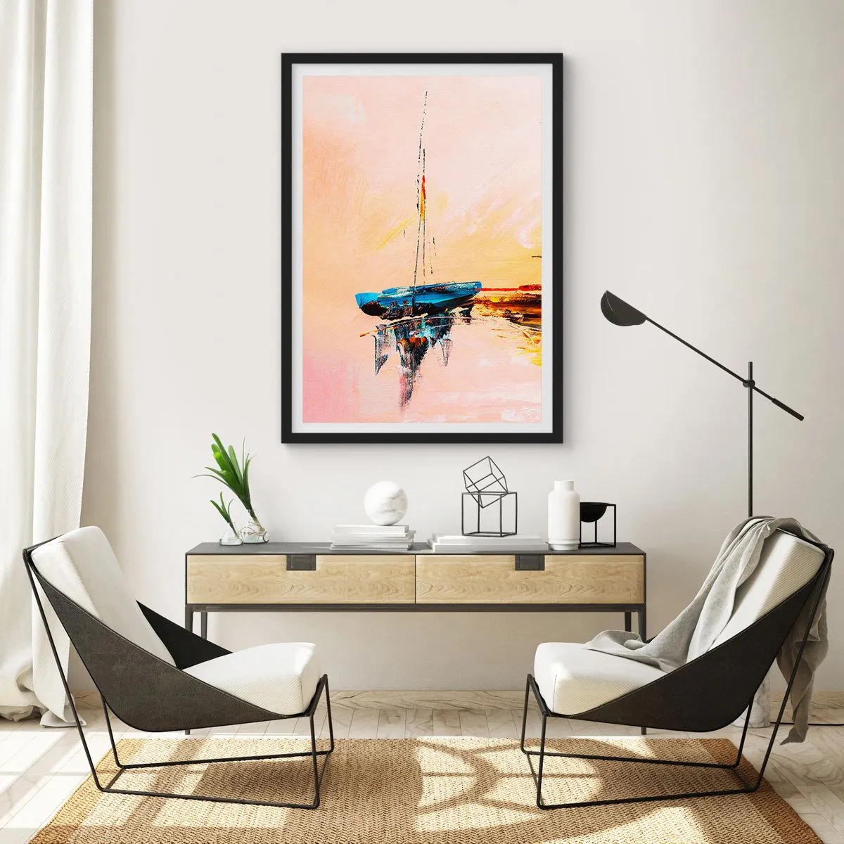 Poster in een zwarte lijst - Abstracte boot op kalm water bij zonsondergang - 50x70cm - Avond in de jachthaven - Moderne wanddecoratie voor woonkamer en slaapkamer ARTTOR