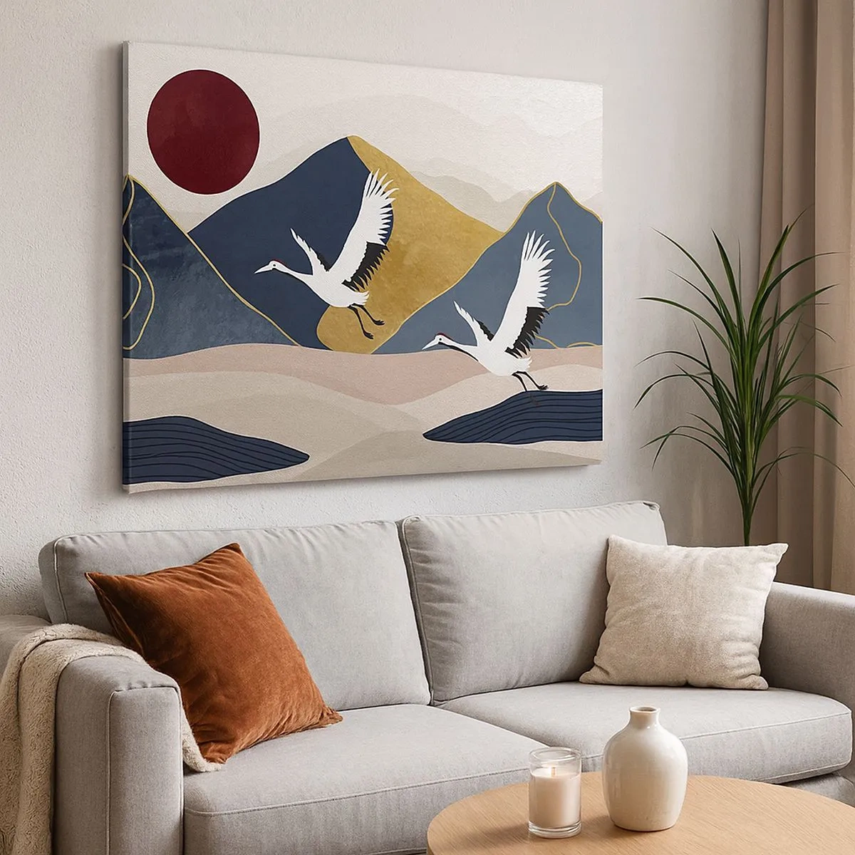 Schilderen op canvas - Kranen in vlucht tegen de achtergrond van bergen en een rode zon - 70x50cm - Het is weer een dag GEGAAN - Moderne wanddecoratie voor woonkamer en slaapkamer ARTTOR