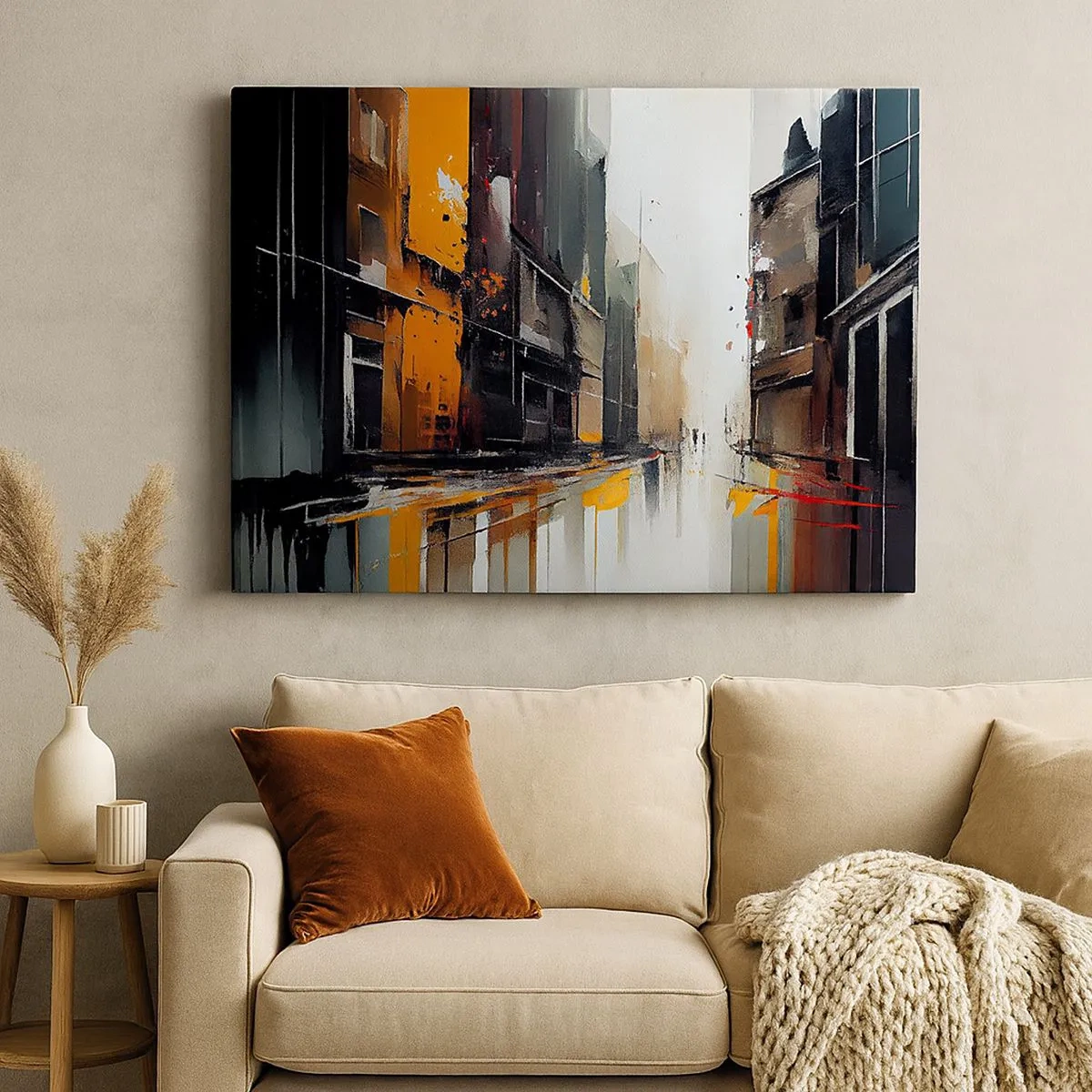 Schilderen op canvas - Abstract beeld van een stadsstraat in de regen - 70x50cm - Regenachtige dag - Moderne wanddecoratie voor woonkamer en slaapkamer ARTTOR