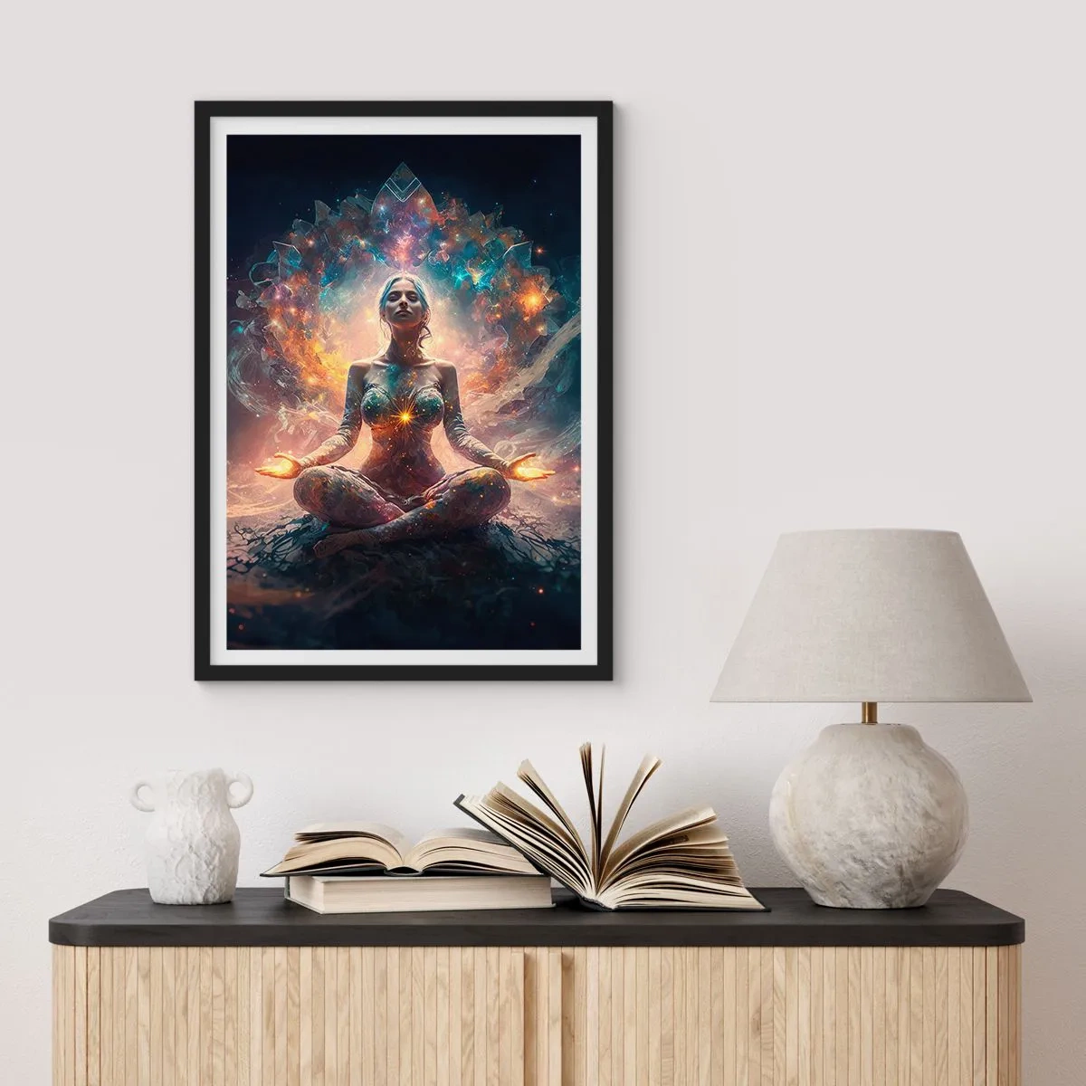 Poster in een zwarte lijst - Mystieke meditatie omgeven door kosmische energie - 50x70cm - Stroom van goede energie - Moderne wanddecoratie voor woonkamer en slaapkamer ARTTOR