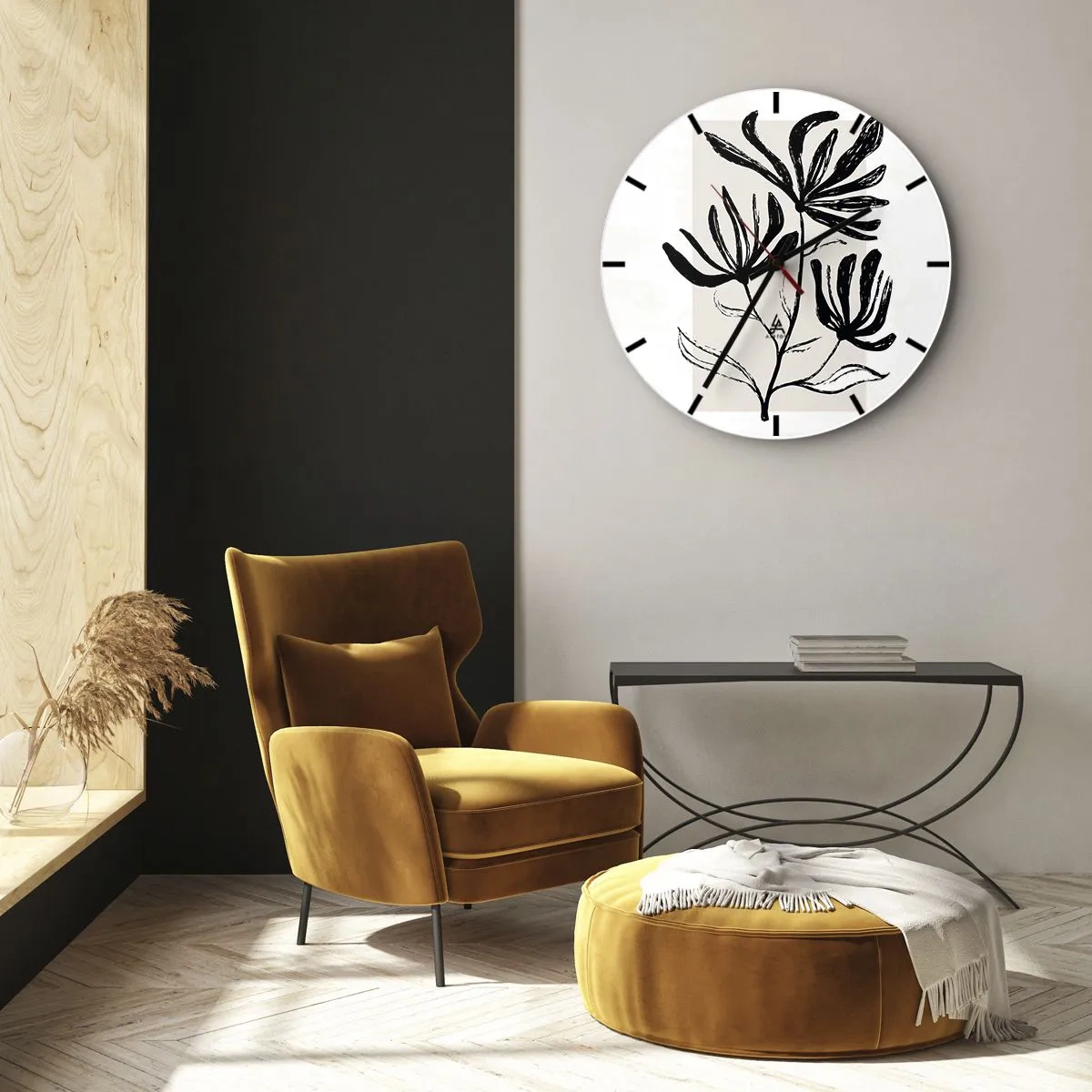 Wandklok - Klok - Een zwarte schets van een plant op een lichte achtergrond met een beige accent. - 30x30cm - Schets voor het herbarium - Moderne wanddecoratie voor woonkamer, keuken en slaapkamer ARTTOR