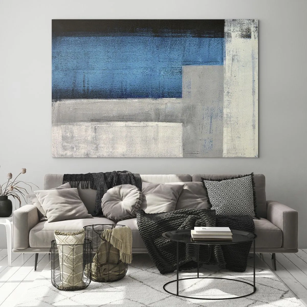 Schilderen op glas - Geometrische abstractie in blauw, grijs en wit - 70x50cm - Een poëtische compositie van grijs en blauw - Moderne wanddecoratie voor woonkamer en slaapkamer ARTTOR