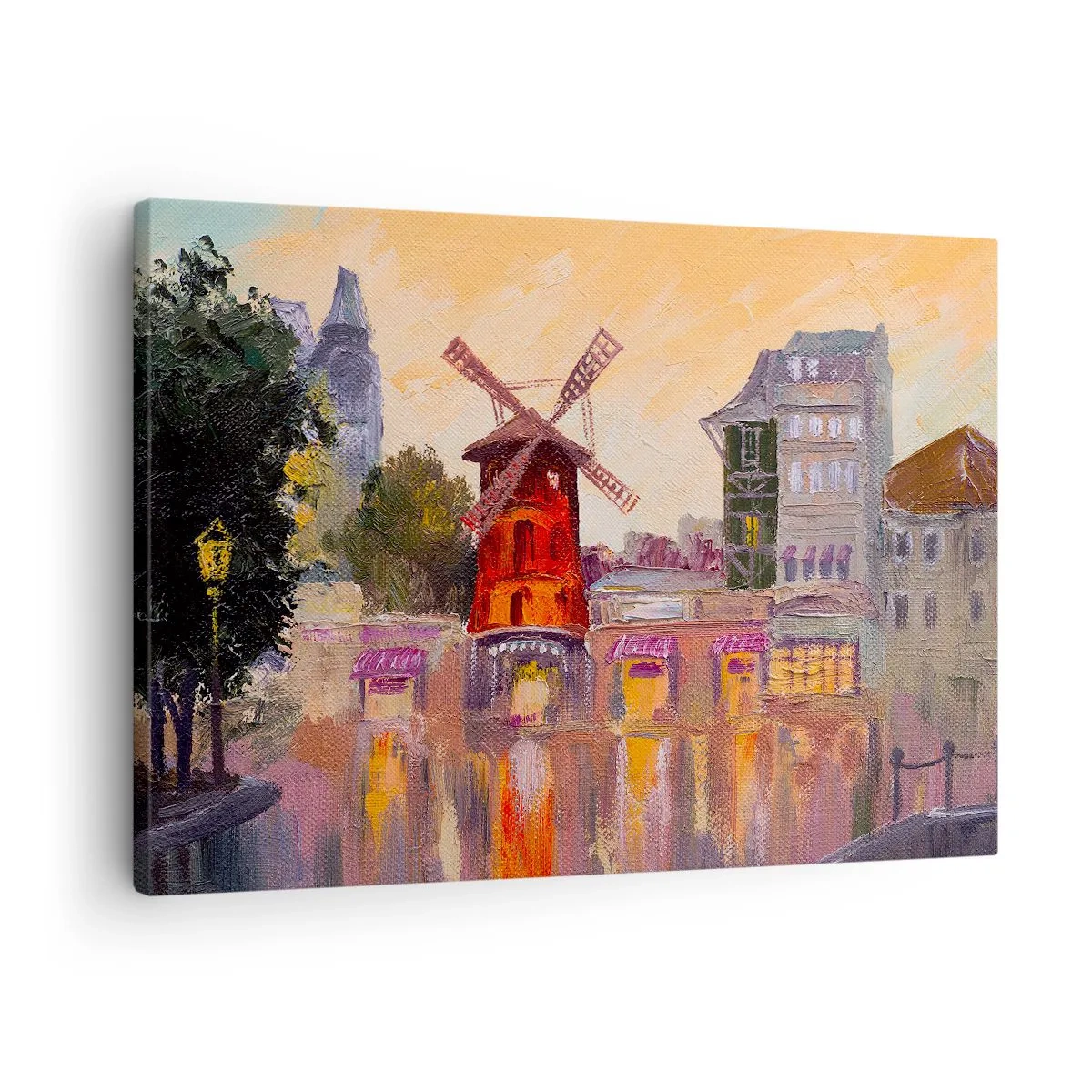 Schilderen op canvas - De rode molen van de Moulin Rouge omringd door het stadsbeeld - 70x50cm - Parijse iconen – Moulin Rouge - Moderne wanddecoratie voor woonkamer en slaapkamer ARTTOR