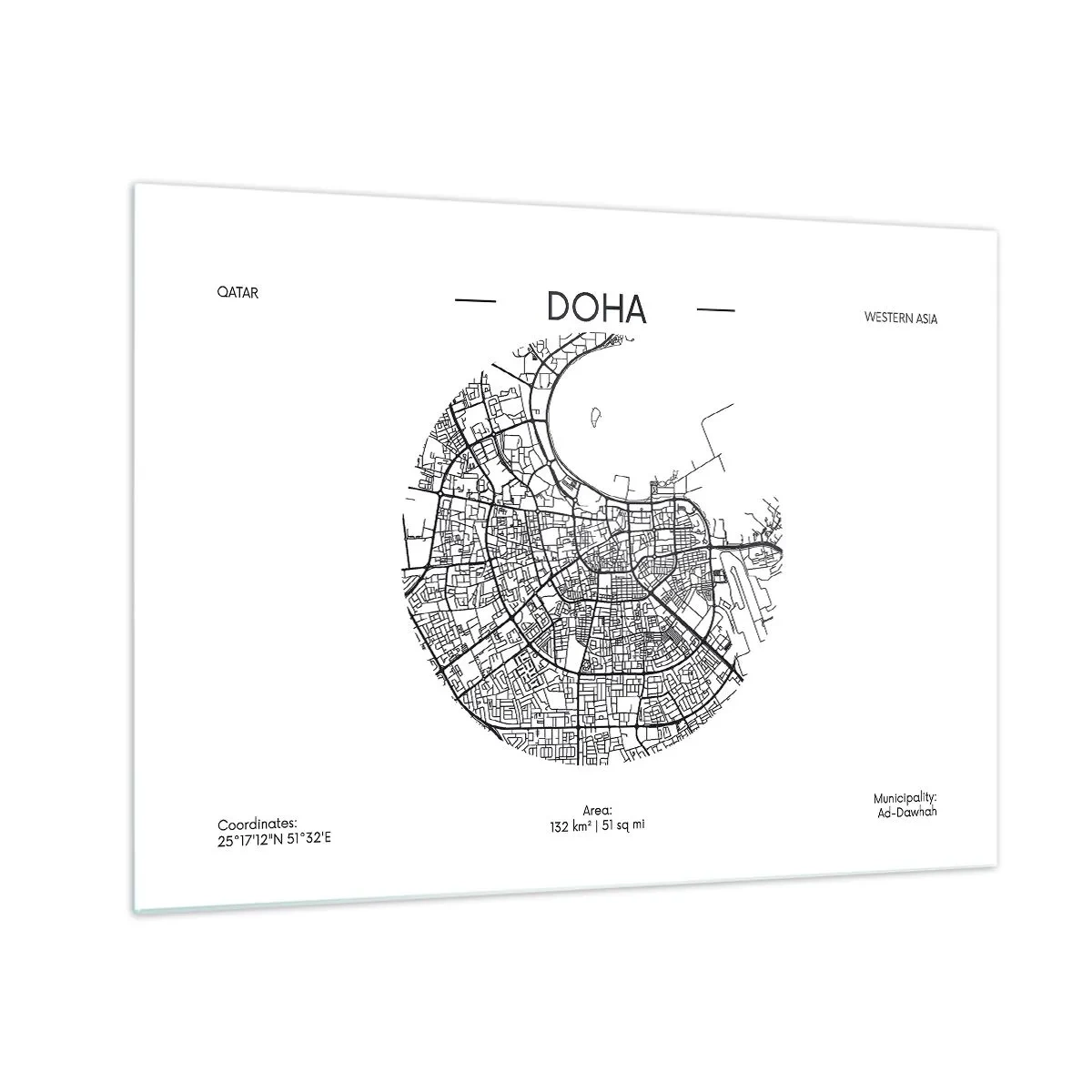 Schilderen op glas - Een grafische kaart van Doha in een minimalistische zwart-witstijl. - 70x50cm - Anatomie van Doha - Moderne wanddecoratie voor woonkamer en slaapkamer ARTTOR
