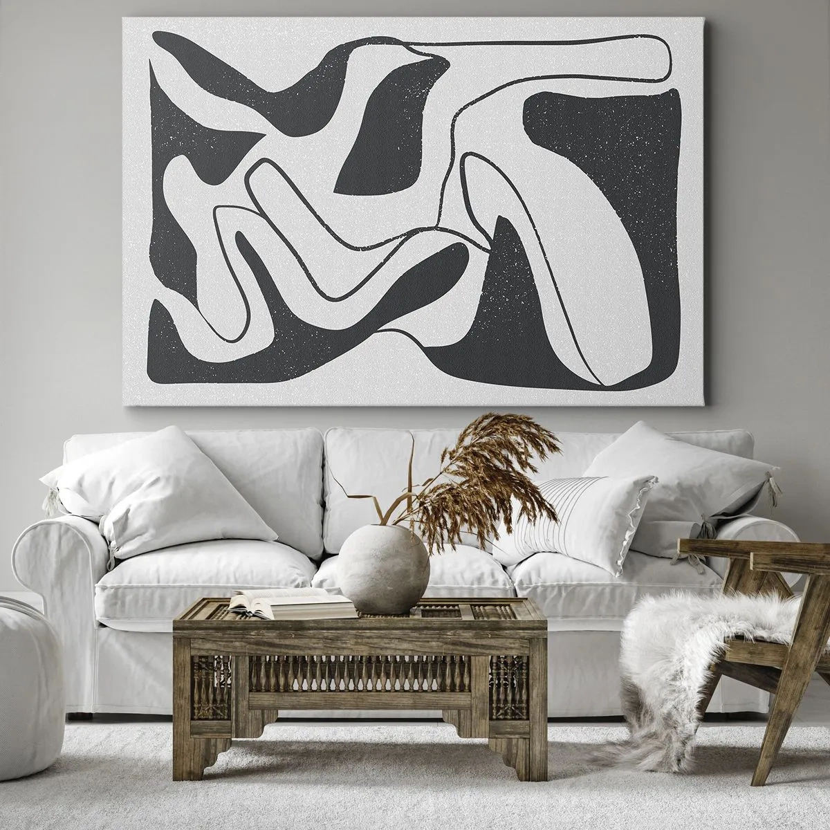 Schilderen op canvas - Zwart-wit abstractie met organische vormen - 70x50cm - Abstract doolhofplezier - Moderne wanddecoratie voor woonkamer en slaapkamer ARTTOR