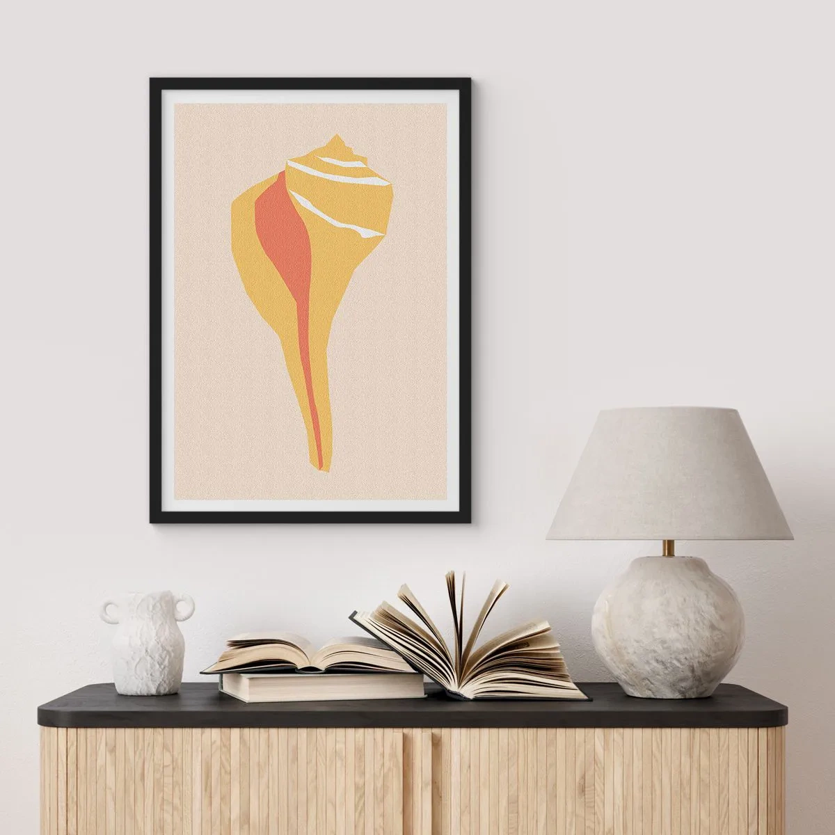Poster in een zwarte lijst - Minimalistische schelpgraphics in warme kleuren - 50x70cm - Organische abstractie – groei - Moderne wanddecoratie voor woonkamer en slaapkamer ARTTOR
