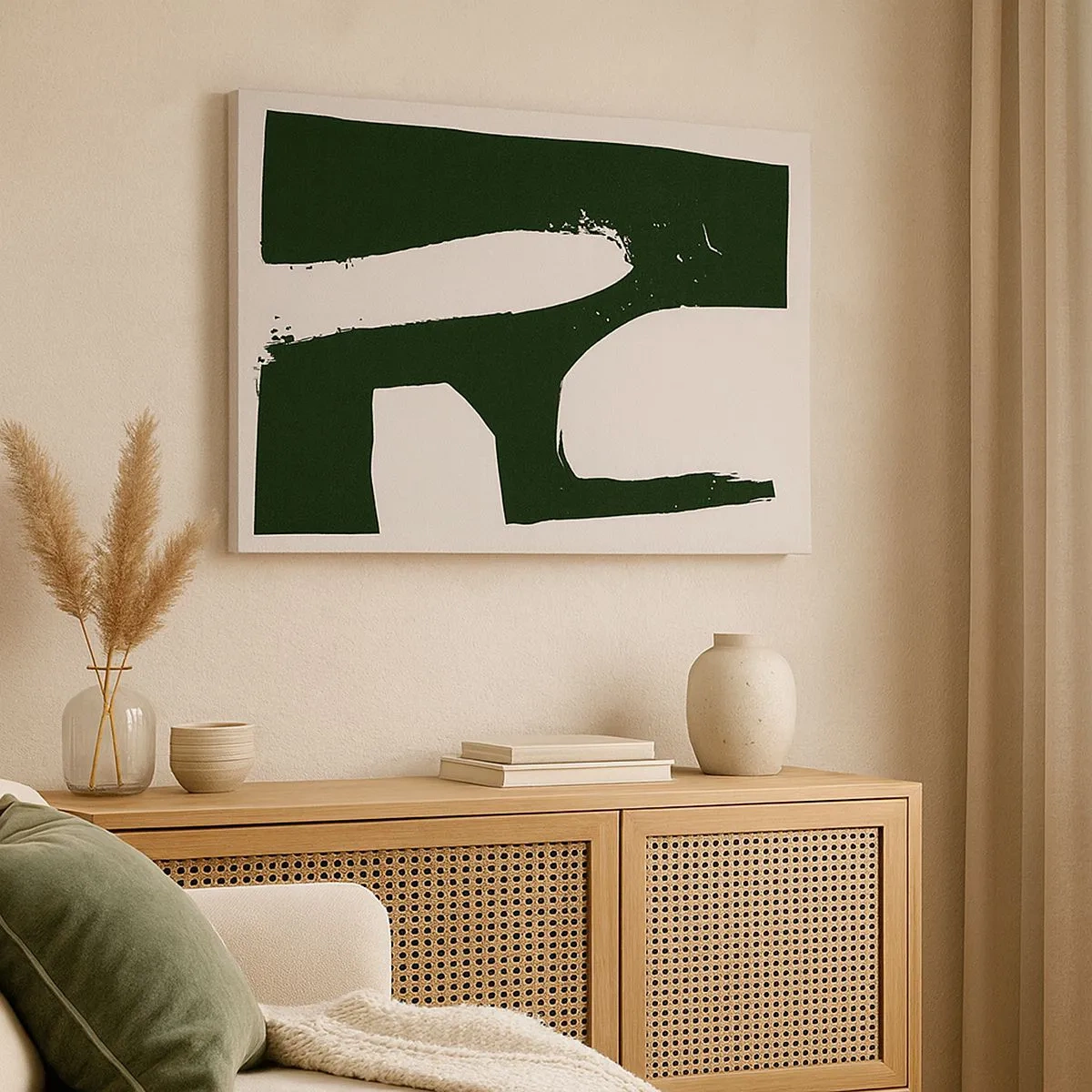 Schilderen op canvas - Minimalistisch abstract in groen op een lichte achtergrond - 70x50cm - Baaien van wit - Moderne wanddecoratie voor woonkamer en slaapkamer ARTTOR