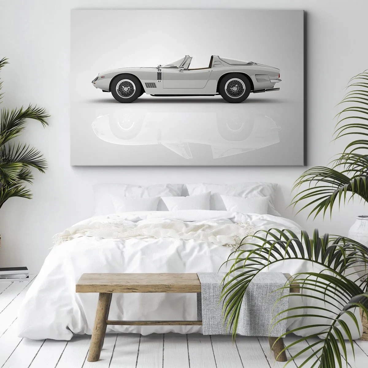 Schilderen op canvas - Klassieke witte cabriolet op een lichte achtergrond - 70x50cm - Belofte van plezier - Moderne wanddecoratie voor woonkamer en slaapkamer ARTTOR