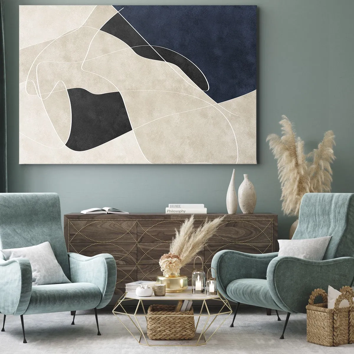 Schilderen op canvas - Geometrische abstractie in tinten beige en marineblauw - 70x50cm - Abstracte compositie – kleurcontrast - Moderne wanddecoratie voor woonkamer en slaapkamer ARTTOR