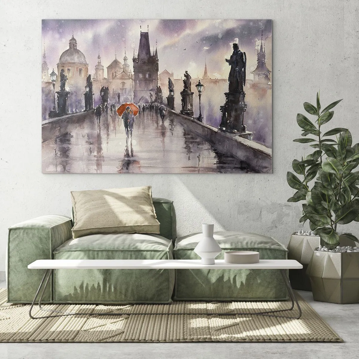 Schilderen op glas - Wandelen in de regen op een brug met een oranje paraplu - 70x50cm - Mensen veranderen niet - Moderne wanddecoratie voor woonkamer en slaapkamer ARTTOR