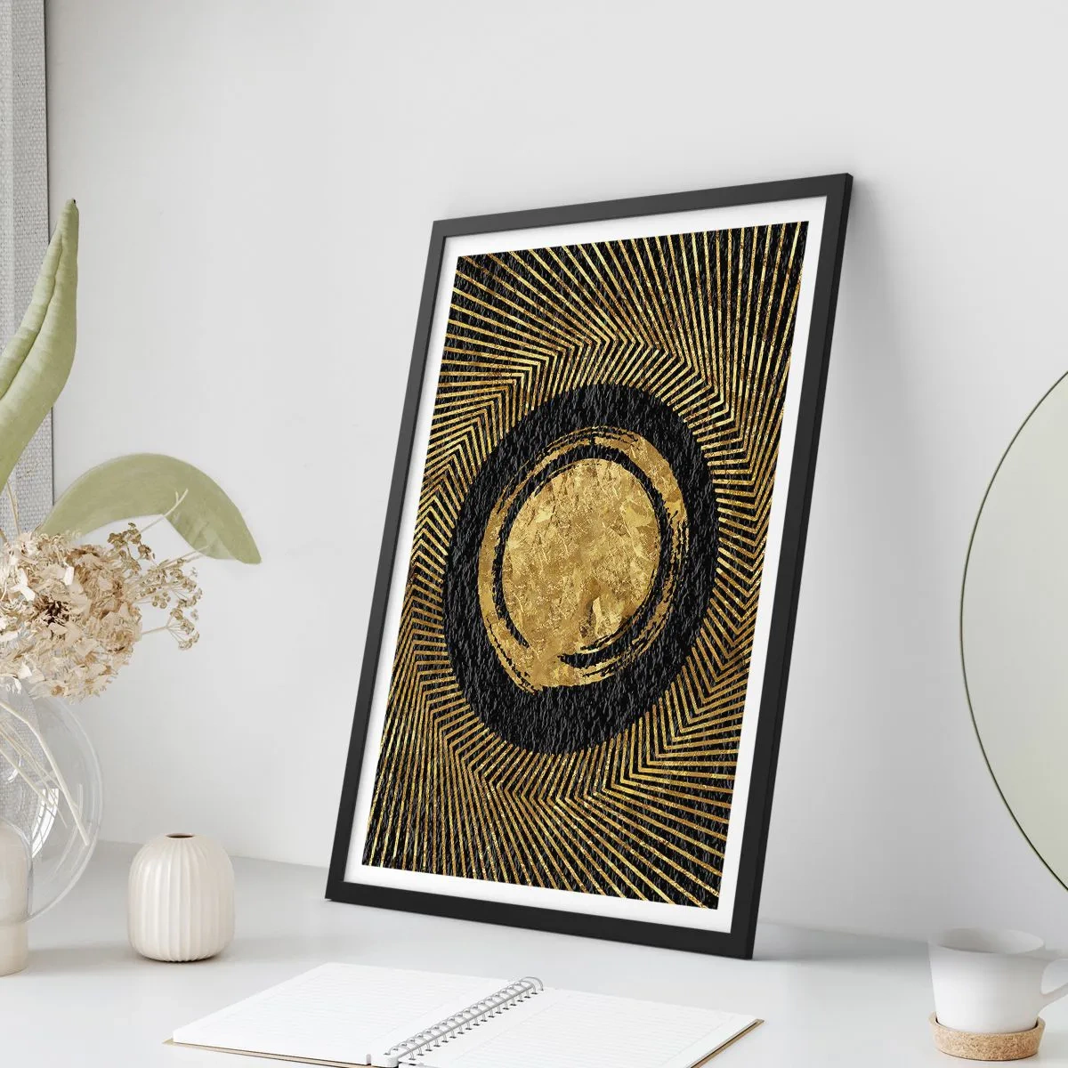 Poster in een zwarte lijst - Gouden geometrische abstractie op een zwarte achtergrond - 50x70cm - Glamour-compositie - Moderne wanddecoratie voor woonkamer en slaapkamer ARTTOR