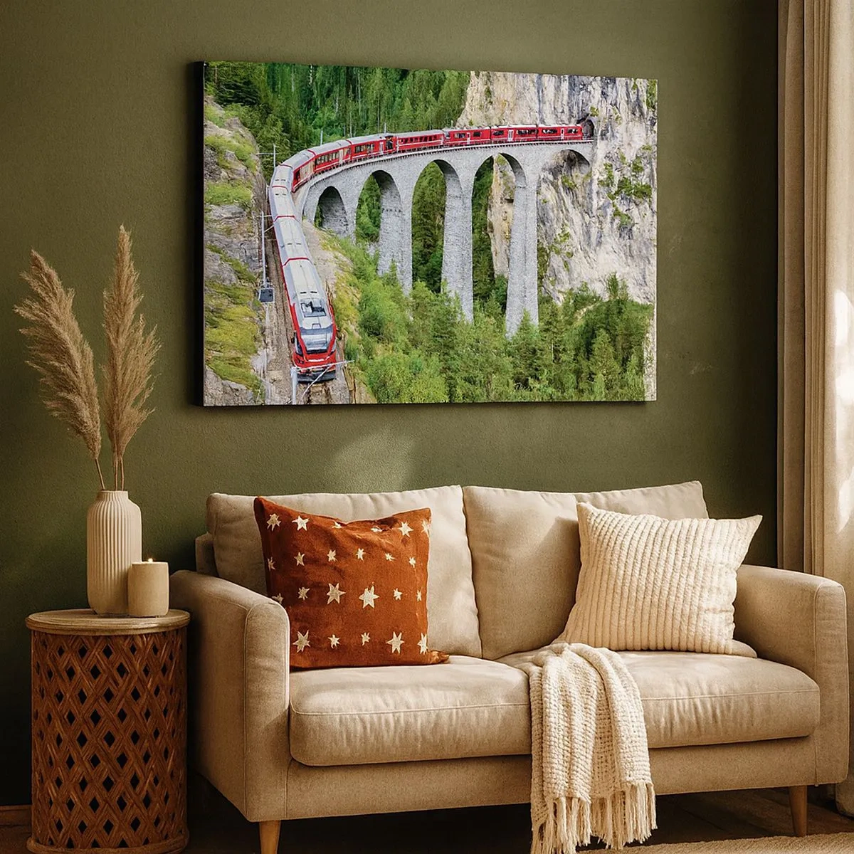 Schilderen op canvas - Een trein op een schilderachtig viaduct in een bergachtig landschap - 70x50cm - Spoorlijn voor uitzicht op de bergen - Moderne wanddecoratie voor woonkamer en slaapkamer ARTTOR