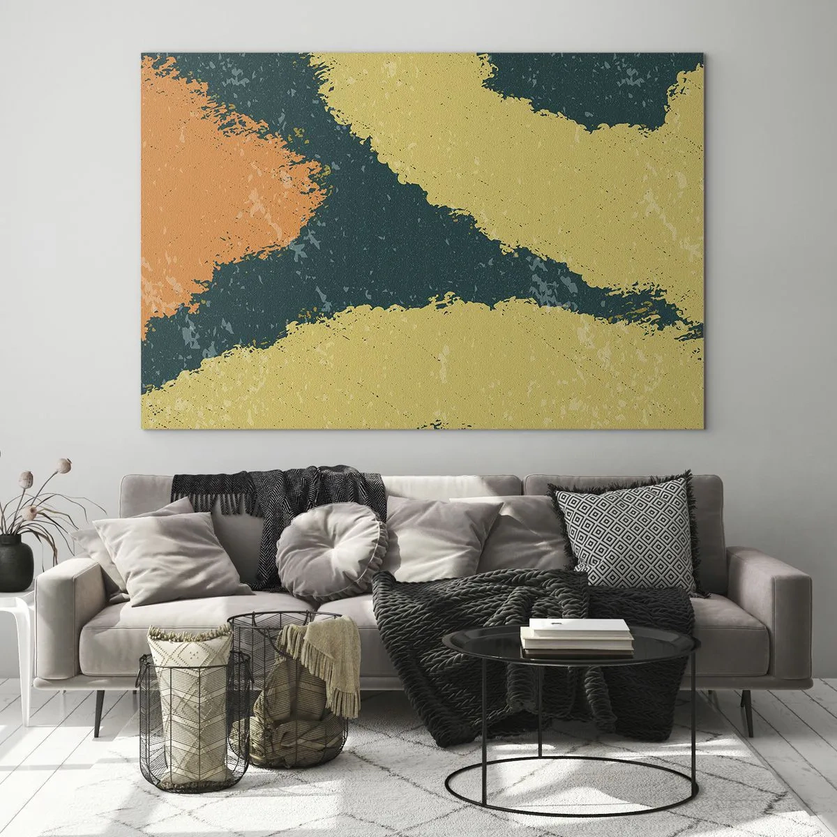 Schilderen op glas - Een vloeiende abstractie in mosterdgeel, groen en oranje. - 70x50cm - Abstractie – langzame beweging - Moderne wanddecoratie voor woonkamer en slaapkamer ARTTOR