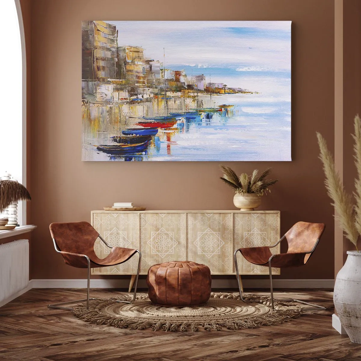 Schilderen op canvas - Kleurrijke boten aan de kust met uitzicht op de skyline van de stad - 70x50cm - Een veelkleurig stedelijk toevluchtsoord - Moderne wanddecoratie voor woonkamer en slaapkamer ARTTOR
