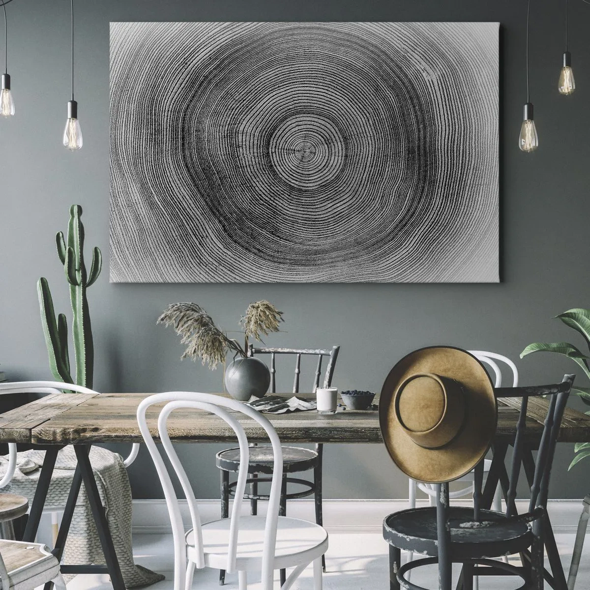 Schilderen op canvas - Zwart-wit boomringpatroon dat een dwarsdoorsnede van de stam laat zien - 70x50cm - Teken van de tijden - Moderne wanddecoratie voor woonkamer en slaapkamer ARTTOR