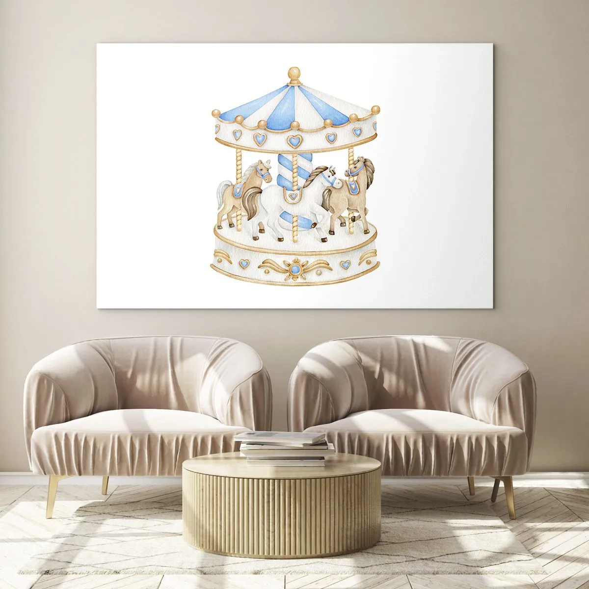 Schilderen op glas - Een draaimolen met paarden in pastelkleuren - 70x50cm - Zoete jeugd - Moderne wanddecoratie voor woonkamer en slaapkamer ARTTOR