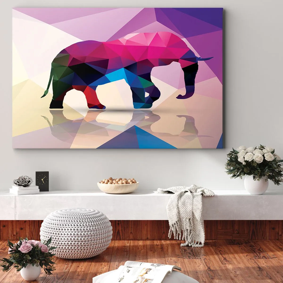 Schilderen op canvas - Geometrisch silhouet van een olifant in levendige kleuren - 70x50cm - Kristallen dinosaurus - Moderne wanddecoratie voor woonkamer en slaapkamer ARTTOR