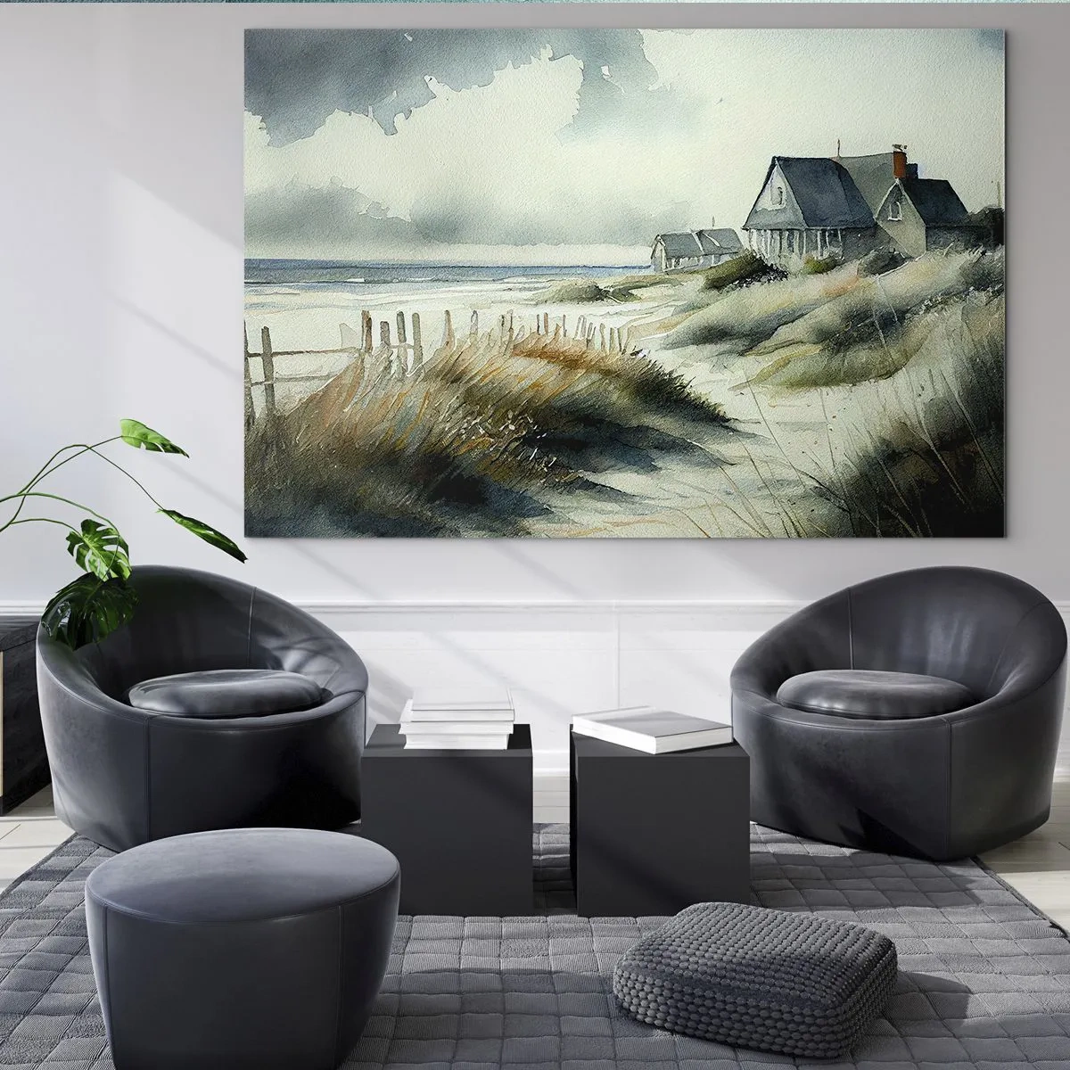 Schilderen op glas - Duinhuisjes aan het strand onder een bewolkte hemel - 70x50cm - Weg van de drukte - Moderne wanddecoratie voor woonkamer en slaapkamer ARTTOR