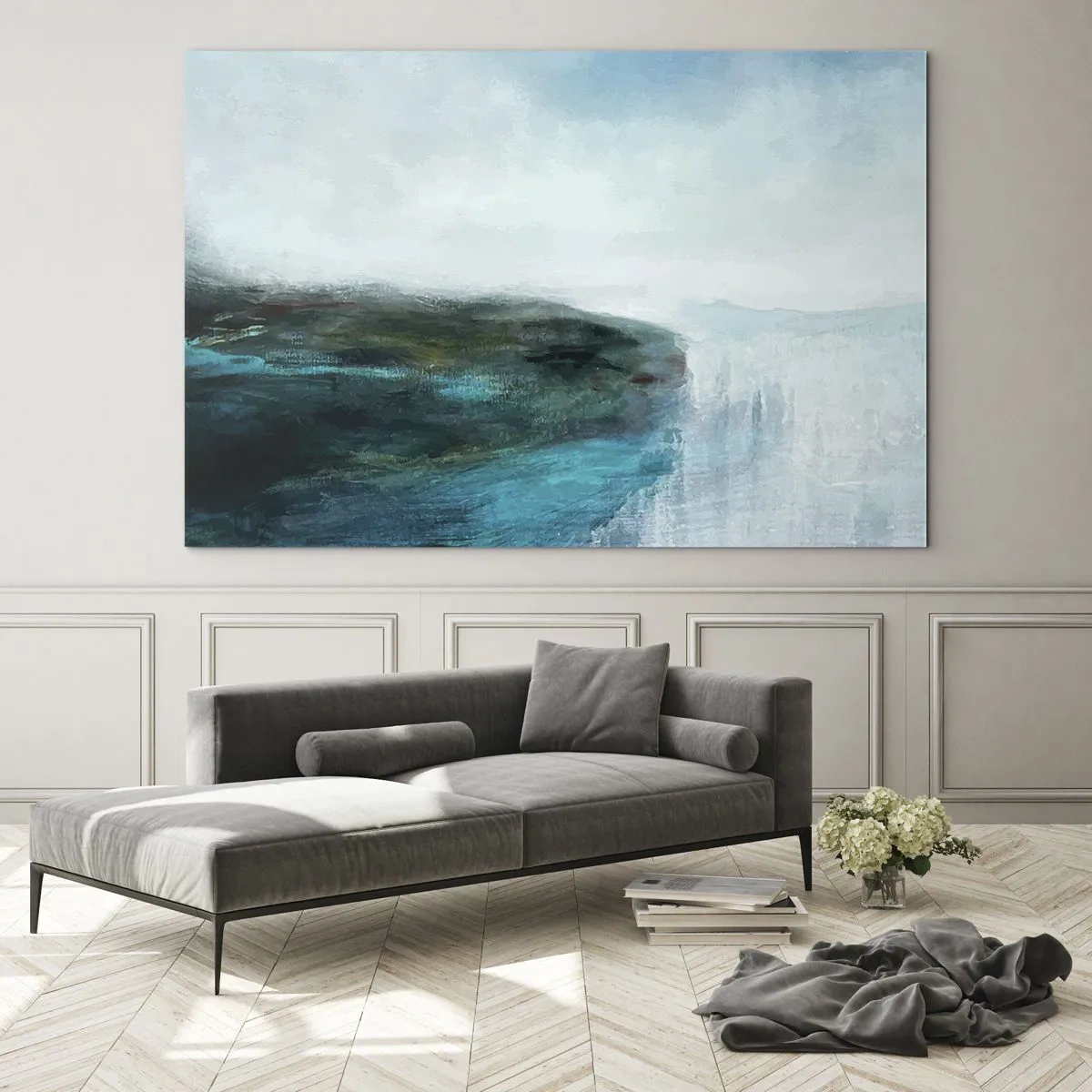 Schilderen op glas - Abstract waterlandschap met dominante blauwe en witte kleuren - 70x50cm - Nautische abstractie - Moderne wanddecoratie voor woonkamer en slaapkamer ARTTOR