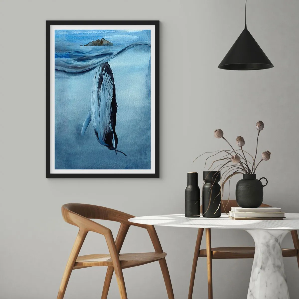 Poster in een zwarte lijst - Een walvis onder het oceaanoppervlak - 50x70cm - Twee noordelijke werelden - Moderne wanddecoratie voor woonkamer en slaapkamer ARTTOR