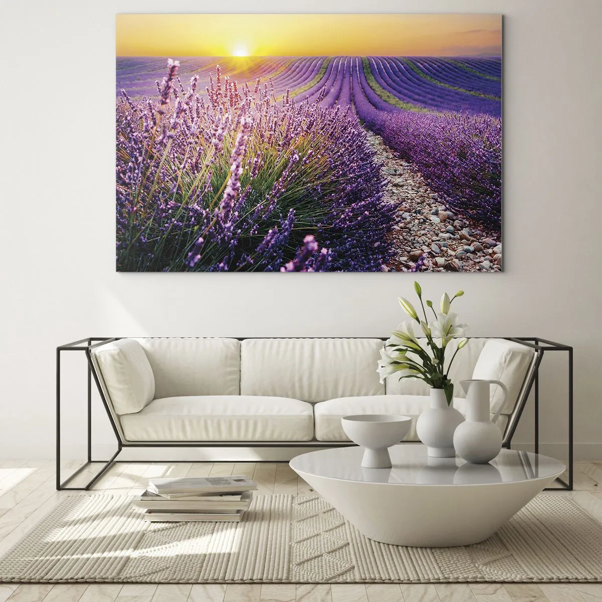 Schilderen op glas - Lavendelveld bij zonsopgang met een rotsachtig pad - 70x50cm - Geurige korenvelden - Moderne wanddecoratie voor woonkamer en slaapkamer ARTTOR
