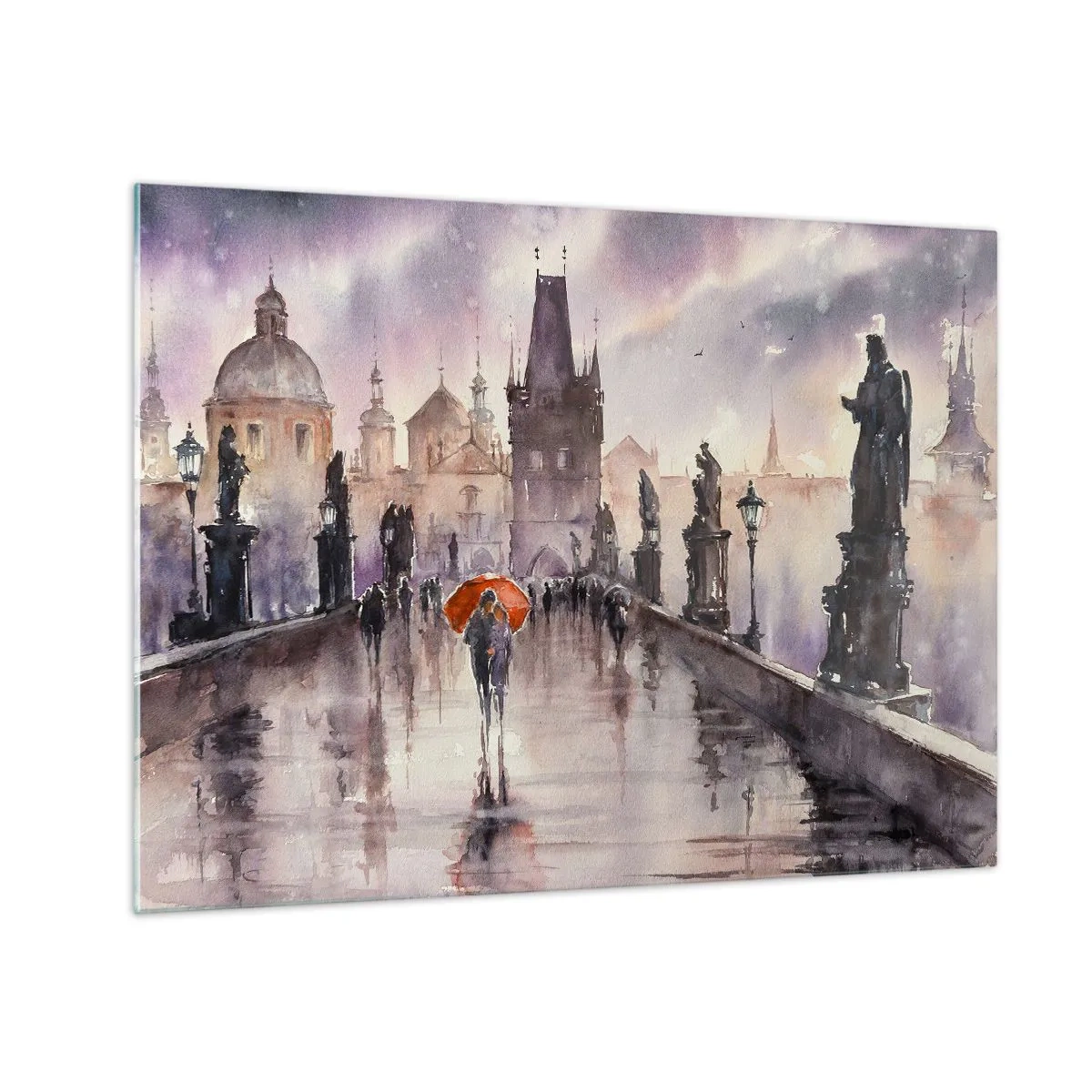 Schilderen op glas - Wandelen in de regen op een brug met een oranje paraplu - 70x50cm - Mensen veranderen niet - Moderne wanddecoratie voor woonkamer en slaapkamer ARTTOR