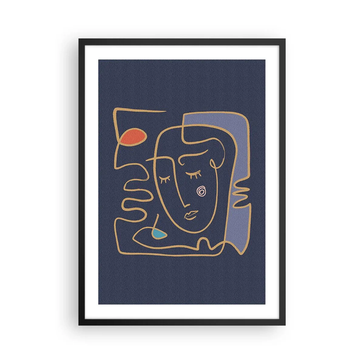 Poster in een zwarte lijst - Minimalistisch abstract gezicht op een marineblauwe achtergrond in lijnkunststijl - 50x70cm - In nadenken - Moderne wanddecoratie voor woonkamer en slaapkamer ARTTOR