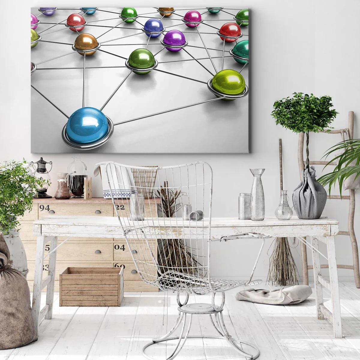 Schilderen op canvas - Kleurrijke ballen verbonden door dunne lijnen op een witte achtergrond - 70x50cm - Kosmisch spinnenweb - Moderne wanddecoratie voor woonkamer en slaapkamer ARTTOR