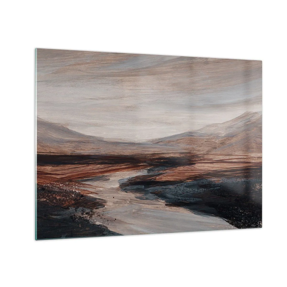 Schilderen op glas - Een pittoreske vallei met een rivier in tinten bruin en blauw - 70x50cm - Een rustige vallei - Moderne wanddecoratie voor woonkamer en slaapkamer ARTTOR