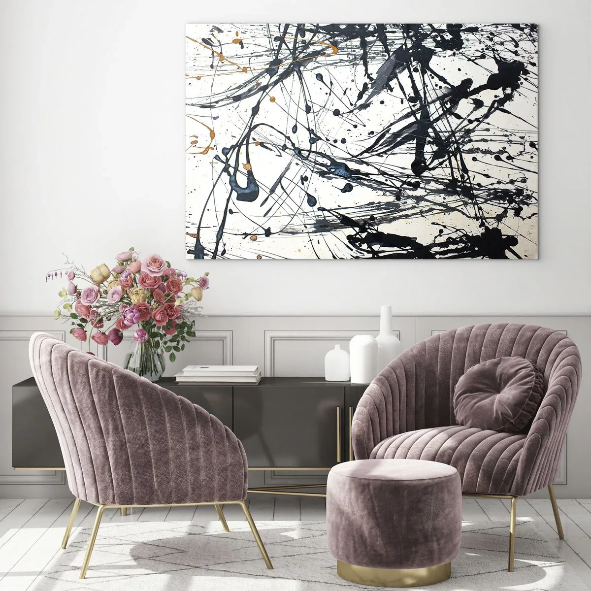 Schilderen op glas - Dynamische verfspatten op een witte achtergrond - 70x50cm - Expressionistische abstractie - Moderne wanddecoratie voor woonkamer en slaapkamer ARTTOR