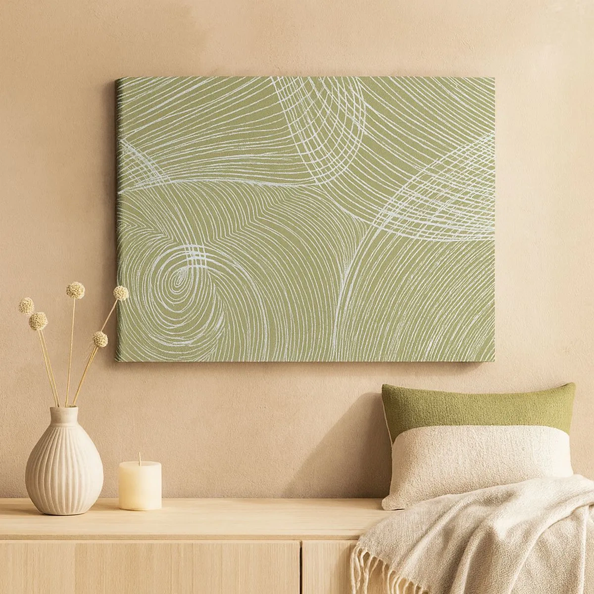 Schilderen op canvas - Groene en witte lijnen in een abstracte compositie - 70x50cm - Ingewikkelde abstractie in wit - Moderne wanddecoratie voor woonkamer en slaapkamer ARTTOR