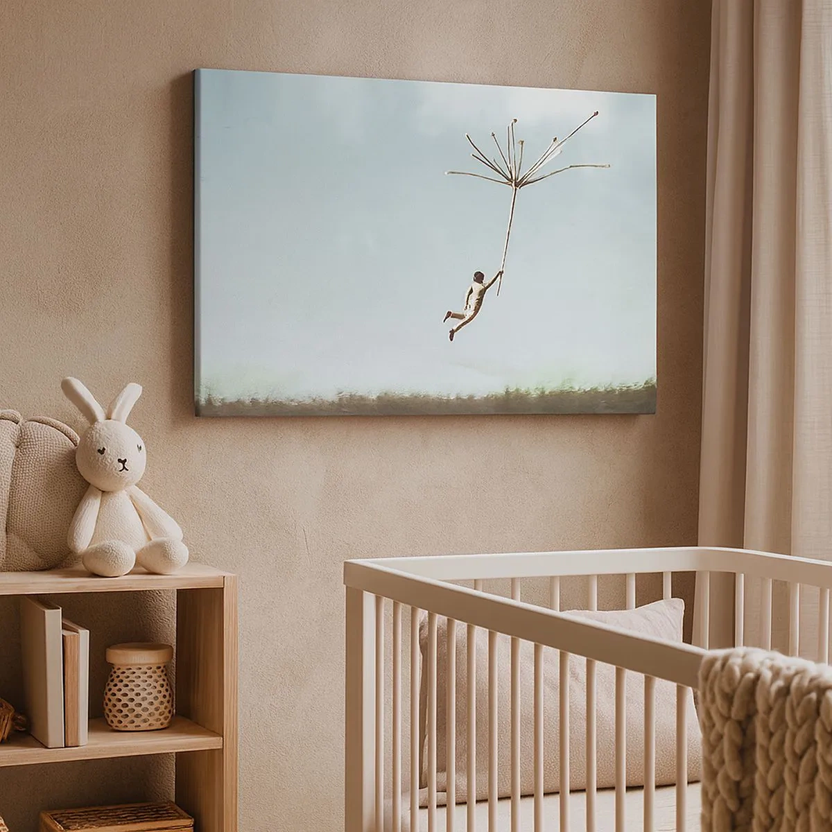 Schilderen op canvas - Een figuur opgetild door een groot paardenbloemzaadje - 70x50cm - Vliegers, paardebloemen, wind - Moderne wanddecoratie voor woonkamer en slaapkamer ARTTOR