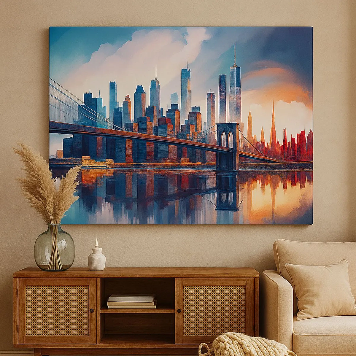 Schilderen op canvas - Panorama van New York City met brug en weerspiegeling in het water - 70x50cm - Een droomachtig New York - Moderne wanddecoratie voor woonkamer en slaapkamer ARTTOR