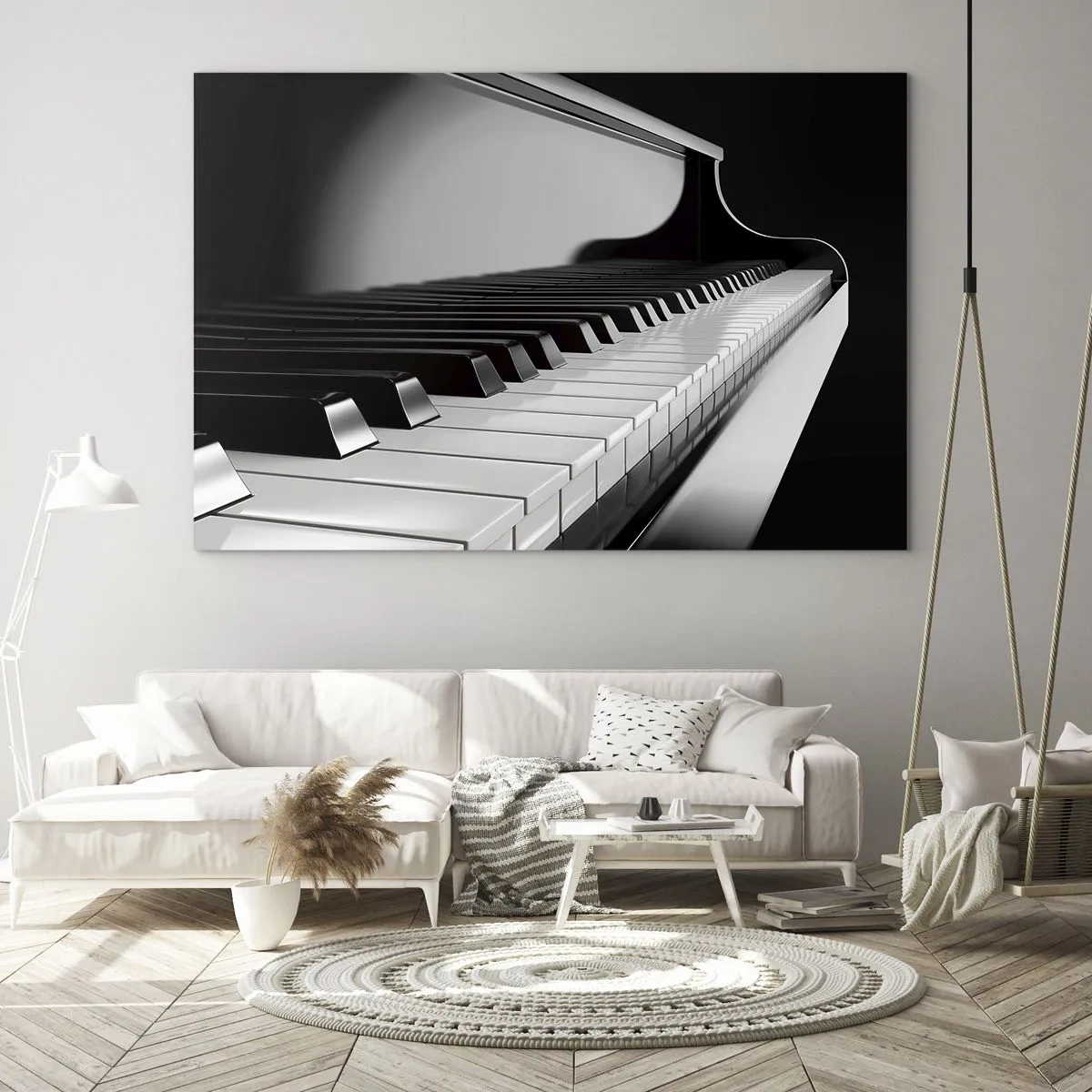 Schilderen op glas - Zwart-wit pianoklavier in perspectief - 70x50cm - Harmonie van vormen en kleuren - Moderne wanddecoratie voor woonkamer en slaapkamer ARTTOR