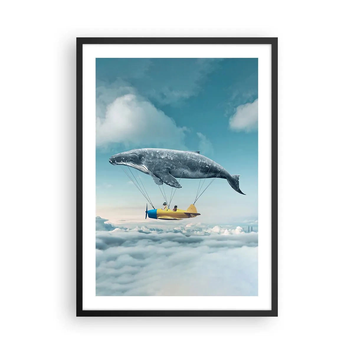 Poster in een zwarte lijst - Een fantastisch beeld van een walvis die een vliegtuig boven de wolken tilt. - 50x70cm - Waarom niet? - Moderne wanddecoratie voor woonkamer en slaapkamer ARTTOR